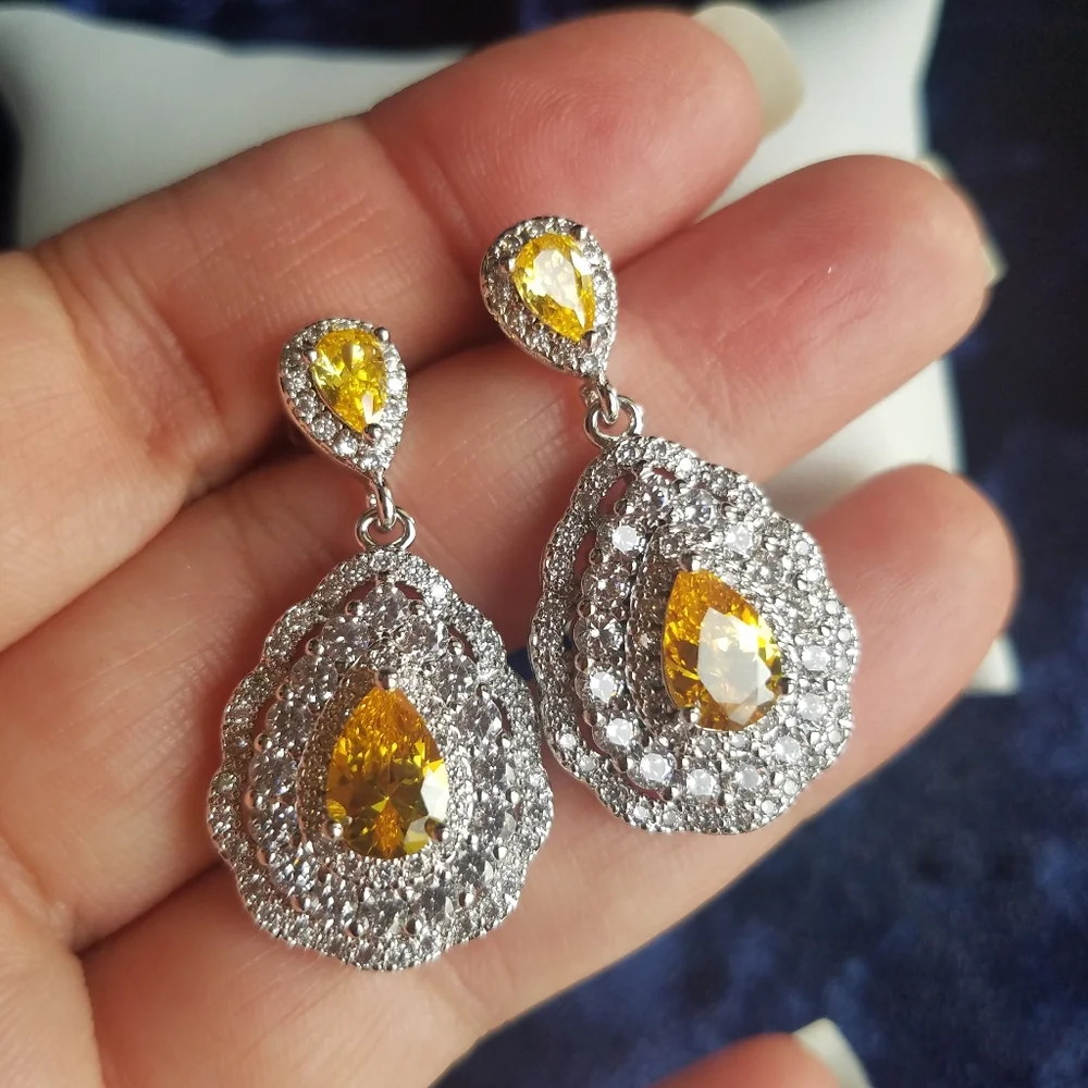 Swarovski Elements 925 Sterling Silver Large Yellow Citrine Teardrop Earrings - Picture 12 of 12